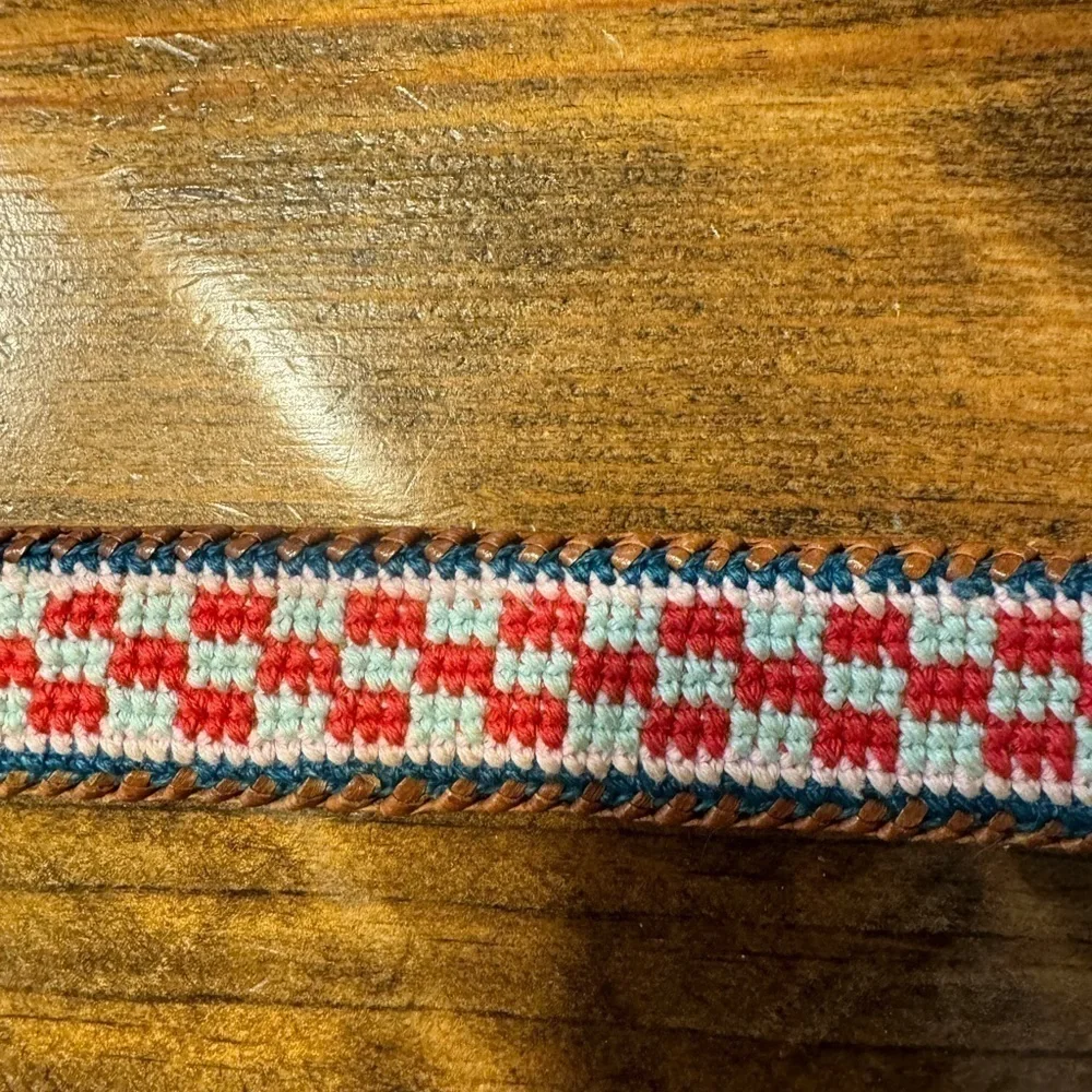 Vintage Leather & Woven Multicolor Cotton Belt Size 32 Hand Tooled